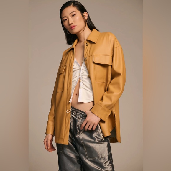 Anthropologie Jackets & Blazers - Anthropologie Maeve Minimalist Neutral Faux Leather Shirt Jacket Size Large